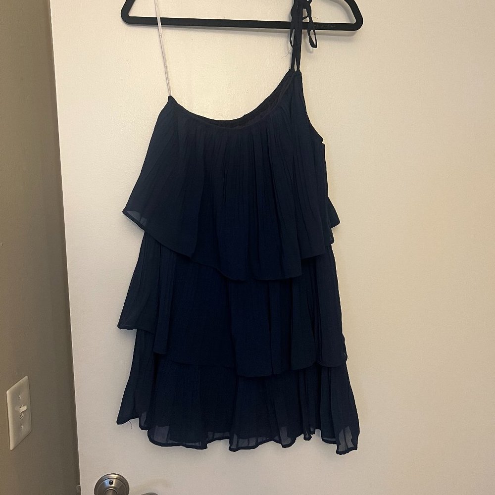 Lulus Blowing Kisses Navy Blue Pleated One-Shoulder Mini Dress - Picture 4 of 4